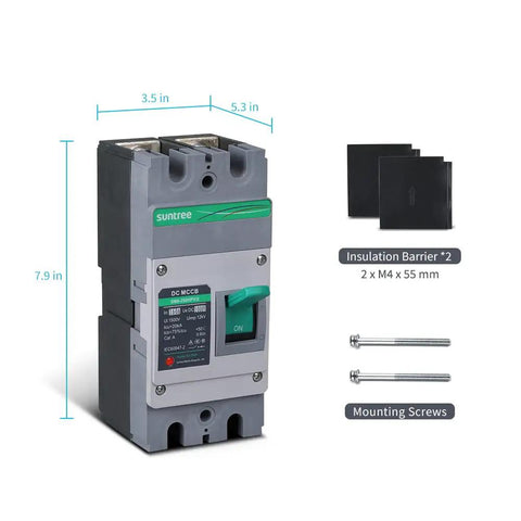 160 Amp 2 Pole DC Circuit Breaker for Off Grid Solar System, molded case with thermal and magnetic trip, dimensions shown