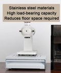 Straight Fire Heavy Duty Stainless Steel Coffee Knock Box With Deep White Drawer Smooth For Espresso Tamping Station and Used Grounds Container top view on wooden counter.