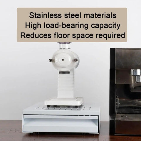 Straight Fire Heavy Duty Stainless Steel Coffee Knock Box With Deep White Drawer Smooth For Espresso Tamping Station and Used Grounds Container top view on wooden counter.