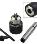 High Quality Rock Solid One Half Inch Drill Chuck With Secure Morse Taper Two Mounting Comes With Key For Precise Metal Or Wood Drilling On Lathe Tailstock, steel chuck with key and mandrel