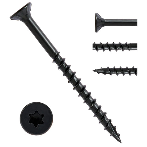 Top Shelf Exterior Deck Screws 4 Inch 10 X 4 Star Torx Drive With Black Anti Rust Coating 50 Piece Pack, close-up view showing screw details.