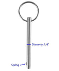 Front view of 1/4 inch diameter stainless steel quick-release pin with ring handle