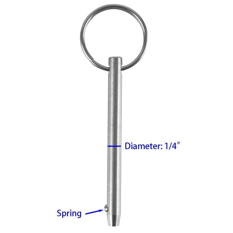 Front view of 1/4 inch diameter stainless steel quick-release pin with ring handle