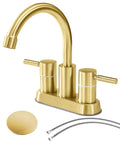 Gold Finish Bathroom Faucet With Dual Handles 360 Degree Rotating Stainless Steel Vanity Lavatory Sink Mixer Lead Free Modern Design Double Handle Commercial Style For Bathroom Sink Easy Operation And Clean Look, with visible hoses and drain cover