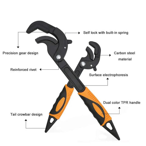 Self Adjusting Universal Wrench Set 1045 Steel with dual color TPR handles in cross display showcasing features.