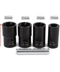 Half Inch Drive Impact Bolt Nut Extractor Set 5 Piece Locking Wheel Lug Nut Remover Kit 17mm 19mm 21mm 22mm Twist Socket Tool