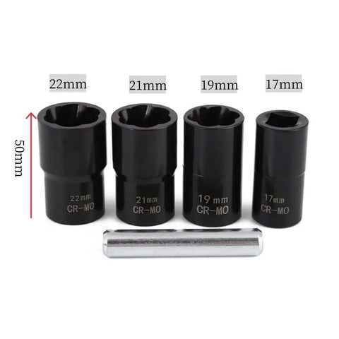 Half Inch Drive Impact Bolt Nut Extractor Set 5 Piece Locking Wheel Lug Nut Remover Kit 17mm 19mm 21mm 22mm Twist Socket Tool