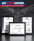 Three framed automotive quality certificates with IATF 16949 certification, factory background