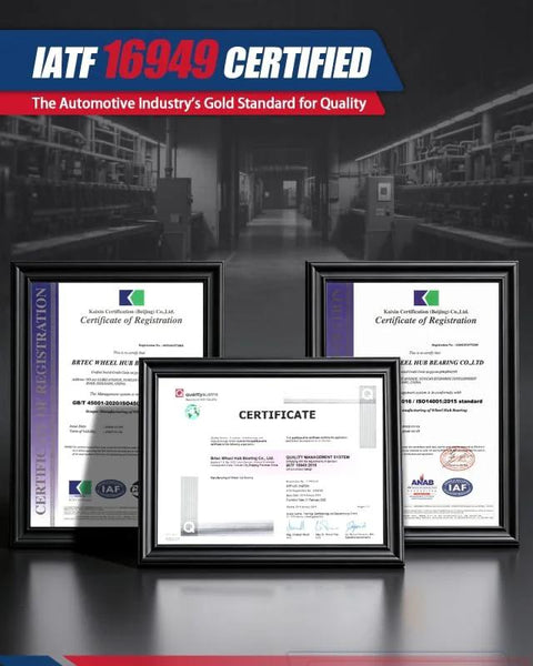 Three framed automotive quality certificates with IATF 16949 certification, factory background