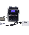Heavy Duty Automatic Money Counter Machine For Mixing Bill Denominations featuring display, cable, sorting trays and manual.