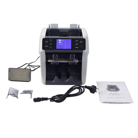 Heavy Duty Automatic Money Counter Machine For Mixing Bill Denominations featuring display, cable, sorting trays and manual.