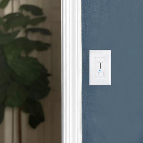 Dimmer Light Switch With Blue Indicator Light, 3 Way And Single Pole Compatible, 600W Max, White finish on wall