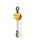 Sturdy One Ton Manual Pulley Chain Block Hoist Crane Lifting Machine With Durable Black Finish For Heavy Duty Garage Jobs And Warehouse Work with yellow housing and metal chains.