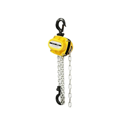 Sturdy One Ton Manual Pulley Chain Block Hoist Crane Lifting Machine With Durable Black Finish For Heavy Duty Garage Jobs And Warehouse Work with yellow housing and metal chains.