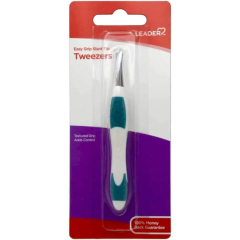 Slant Tip Precision Tweezers With Easy Grip Non Slip Rubber Handle For Brows, Facial Hair, Splinters And Ingrown Hair Removal, Stainless Steel, Pinpoint Plucking, Pro Grade Tweezers in blister package