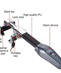 Secure Your Daily Rig With This Motion Activated Steering Wheel Lock featuring steel bar, leather pad, and alarm device.