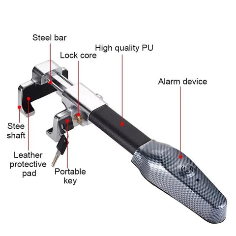 Lock Down Your Ride With This Heavy Duty Steering Wheel Lock Boasting A Piercing Vibration Alarm Heavy Gauge Steel Build And Dependable Antitheft Protection For Chevy Volt Bolt EV And Blazer EV showing steel and leather construction.