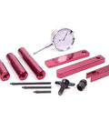 Pinion Depth Setting Tool With Case Dial Indicator Adapters And Stand Aluminum Red Anodized Vehicle Specific Gear Alignment Kit for Precise Diff Setup And Easy Read Measurements, with multiple red anodized components and a dial indicator.