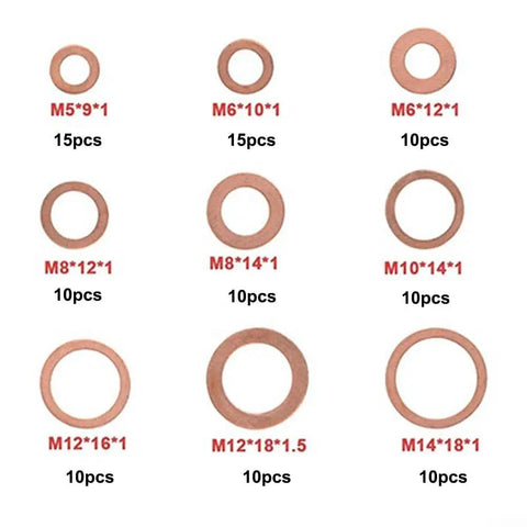 Kickass 100 Piece Copper Flat Washer Gasket Assortment Kit With Purple Copper Sealing Rings Perfect For Sump Automotive And Hydraulic Electrical Systems Top Tier Heat Resistance Stored Neat Inside Organizer Box Great Tool For Mechanics And Homeowners. assorted copper flat washers M5-M14 in sizes 15pcs to 10pcs