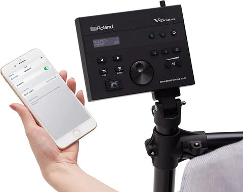 Person connecting phone to TD-07 V-Drum Module Bundle with Cable Snake Harness and USB Data Cable via Bluetooth MIDI