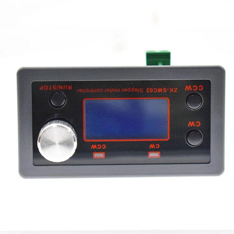 Stepper motor driver controller front panel with blue LCD, large silver knob, CW/CCW buttons