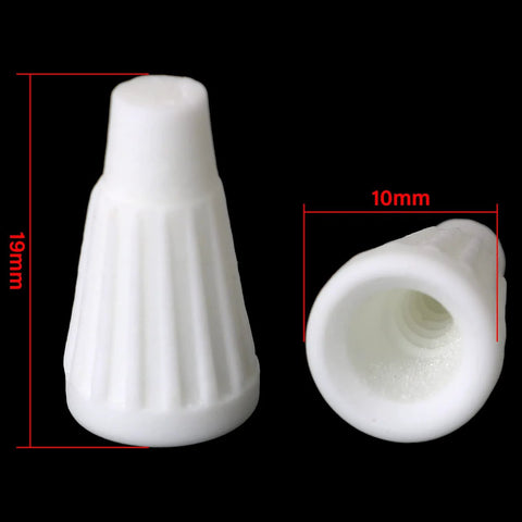 White ceramic wire connector (small); porcelain twist cap, 19 mm tall, 10 mm inner opening, front and top views.