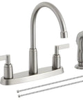 Heavy Duty Brushed Nickel Kitchen Faucet With Side Sprayer And Stainless Steel Body, dual lever handles and 360 swivel spout.