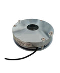 Rock Solid 24V Electric Brake With Electromagnetic Permanent Magnet Build, compact silver brake with central opening for servo motors.