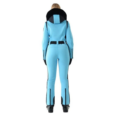 Back view of Women's One Piece Ski Suit Insulated Snowsuit for Outdoor Winter Sports, blue XS, nylon spandex, waterproof jumpsuit