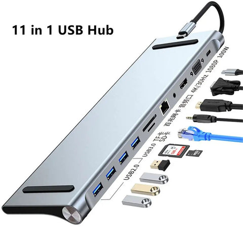 Badass 11 In 1 Usb Type C Hub Docking Adapter Featuring No Sweat 4K Hdmi Port RJ45 Ethernet with various ports and cables.