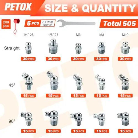 All In One 505 Piece Grease Fittings Kit For Gearheads With Metric And SAE Zerk Assortment Including One Quarter Inch, One Eighth Inch, M6 M8 M10 Straight, 45 Degree And 90 Degree Elbows In Zinc Plated Steel display