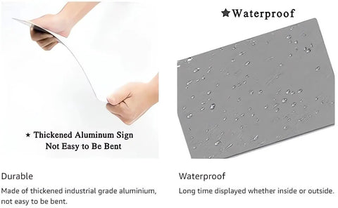 Real Deal 12X8 Inch Aluminum Warning Sign Built Tough For Business And Industrial Settings Top Shelf showing waterproof features.