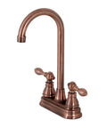 Antique Copper Two-Handle Deck Mount Bar Faucet With Four Inch Centerset, Solid Brass Construction, Two Hole Installation
