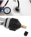 Inflatable Boat and SUP Pump Adapter for Schrader Valve Lets You Connect Any Electric, Foot, or Compressor Pump Easily, Works on Most Inflatable Boards and Boats, Spoke Plate Attachment, Black and Orange, shown with valve and adapter