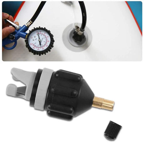 Inflatable Boat and SUP Pump Adapter for Schrader Valve Lets You Connect Any Electric, Foot, or Compressor Pump Easily, Works on Most Inflatable Boards and Boats, Spoke Plate Attachment, Black and Orange, shown with valve and adapter