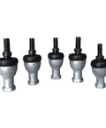 Close-up of five Heavy Duty Straight Ball Joints With M10x1.5 Right Hand Thread, showcasing zinc alloy shell and rubber seals.