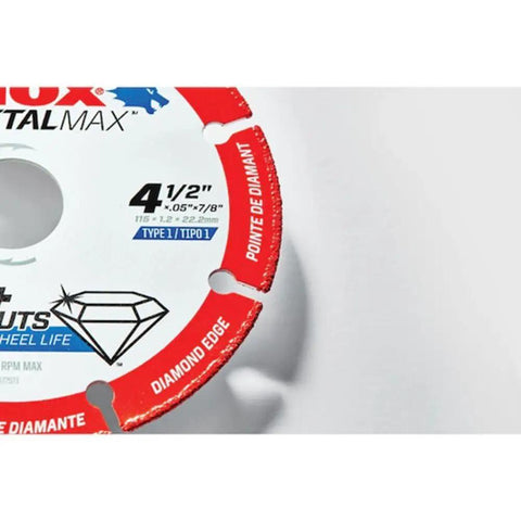 Close-up of MetalMax 4 1/2 Inch Segmented Rim Diamond Cutting Wheel For Metal 7/8 Inch Arbor with red diamond edge detail.