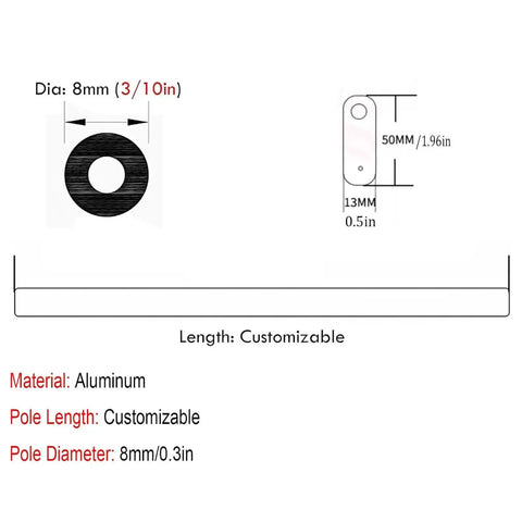 Diagram of Anti Fall Shelf Lip Guard Fence Set showing customizable aluminum rods dimensions for closet shoe and bathroom racks.