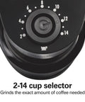 Close-up of the 2-14 cup selector on Electric Burr Coffee Grinder With Large 16 Ounce Hopper And 18 Precision Grind Settings.
