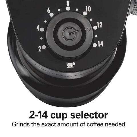 Close-up of the 2-14 cup selector on Electric Burr Coffee Grinder With Large 16 Ounce Hopper And 18 Precision Grind Settings.