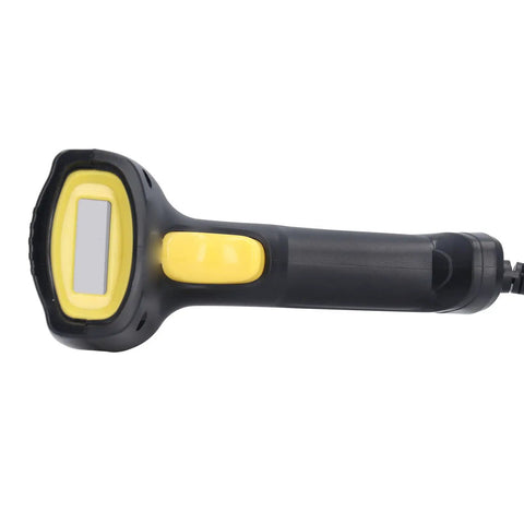 Wired USB Barcode Scanner Handheld Reader With 640x480 Resolution for store supermarket pharmacy front view black yellow durable