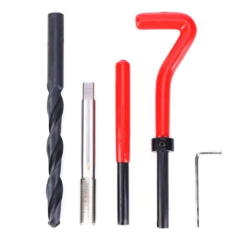 17 Piece Stainless Steel Thread Repair Kit with Drill Bit Twisted Drill Tap Wrench and M10x1 Threaded Inserts for Quick Heavy Duty Hole Repair.