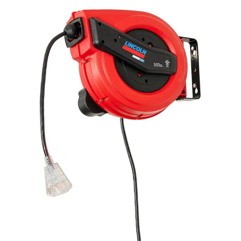 Lincoln 1220B Pro Shop Utility Reel Kit With Air Water Retractable Hose Reel 50 Ft And 60 Ft Tri Tap Power Cord Reel Auto Guide Rewind Magnetic Brake For Industrial Garage Use, close-up view