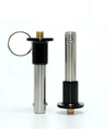Badass Stainless Steel Ball Lock Pins With No Sweat Quick Release Button Handle Rock Solid Indexing Plungers close-up view with keyring.