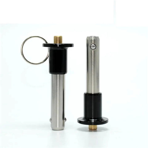 Badass Stainless Steel Ball Lock Pins With No Sweat Quick Release Button Handle Rock Solid Indexing Plungers close-up view with keyring.