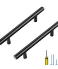 Two matte black cabinet pulls with screws and screwdriver, from Thirty Pack Four Inch Hole Center Cabinet Pulls Matte Black Finish Six And Three Eighths Inches
