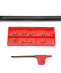 Lathe Grooving Turning Tool Holder with DCMT0702 Carbide Inserts and red wrench set on a white background.
