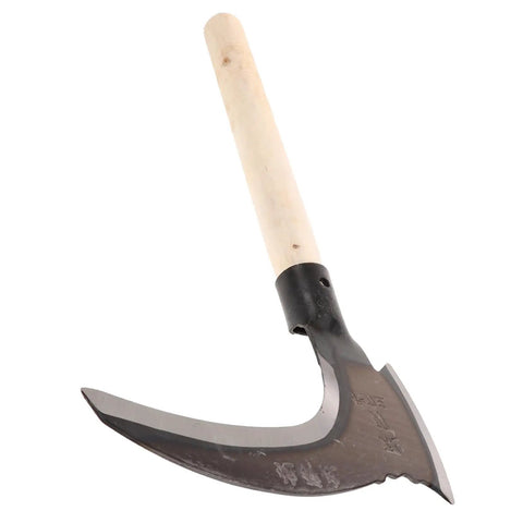 Portable Gardening Weeding Tool Sickle For Efficient Weeding And Harvesting In Gardens Farms And Lawns Lightweight Grab And Go Manganese Manual Sickle With Comfortable Handle showing curved blade and wooden handle.