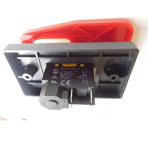 Heavy Hitter Industrial Electromagnetic Push Button Switch With Safety Emergency Cover For Table Saws And Planers Pro Shop Grade 120V 16A showing black switch and red safety cover.