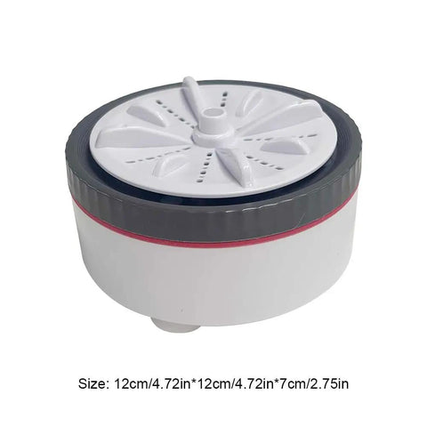 Compact Clothes Washing Machine With Kickin Double Turbo Drum That Washes Away Stubborn Marks Slick Space Saving Profile Paired With Usb Rechargeable Cell For Zero Stress Laundry Routines Anywhere You Go - White and grey design with spinning top.